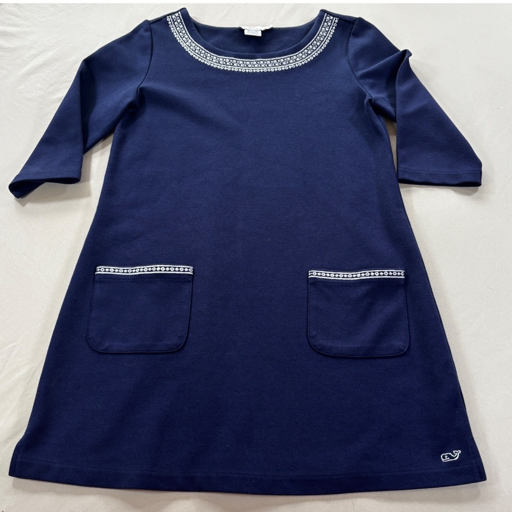 Vineyard Vines Girls Navy Blue Dress‎ Embroidered Pockets Casual Size Medium
